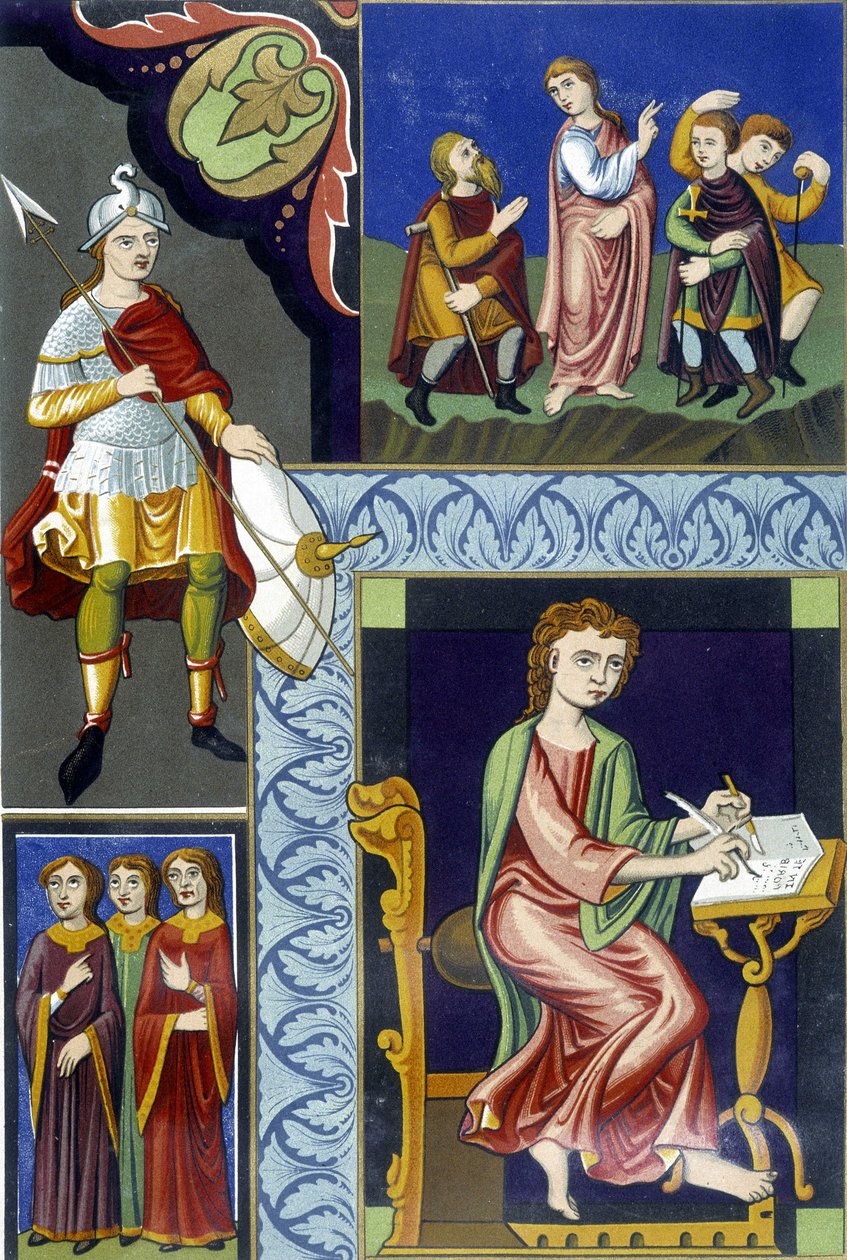 Különféle 9. századi viseletek. Az illusztráció a 9. századi Franciaországból. alkotó: French School