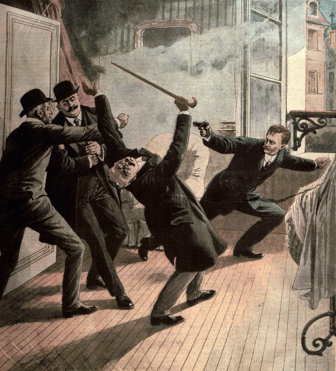 Különböző tények: az anarchista Jules Bonnot, a Bonnot Band vezetője megölte Louis Jouins-t 1912 (metszet) alkotó: French School