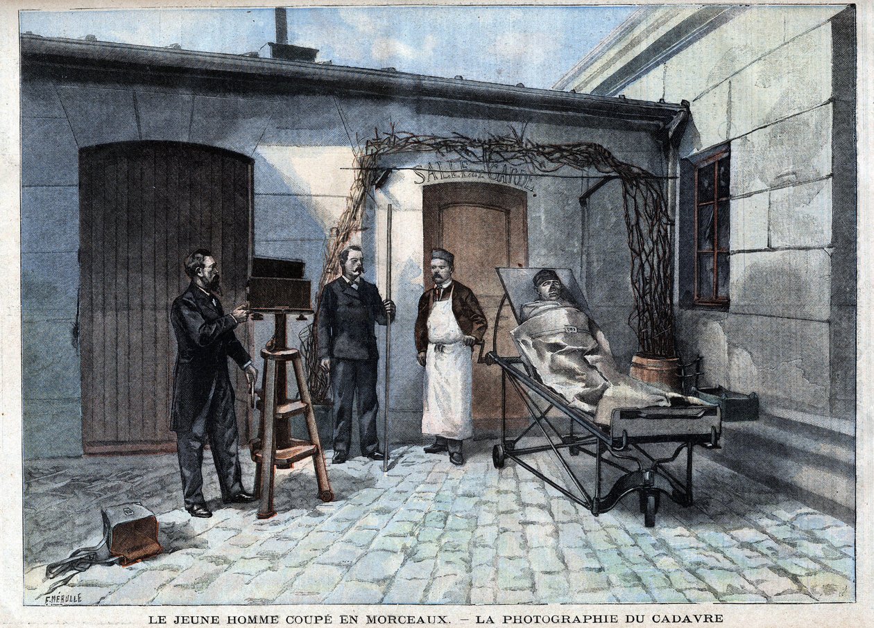 Különféle tények: Alphonse Bertillon (1853-1914) francia tudós, az antropometria megalkotója szolgálatában feldarabolt holttest fényképe. - a "" Le Petitle Parisien" -ben alkotó: French School