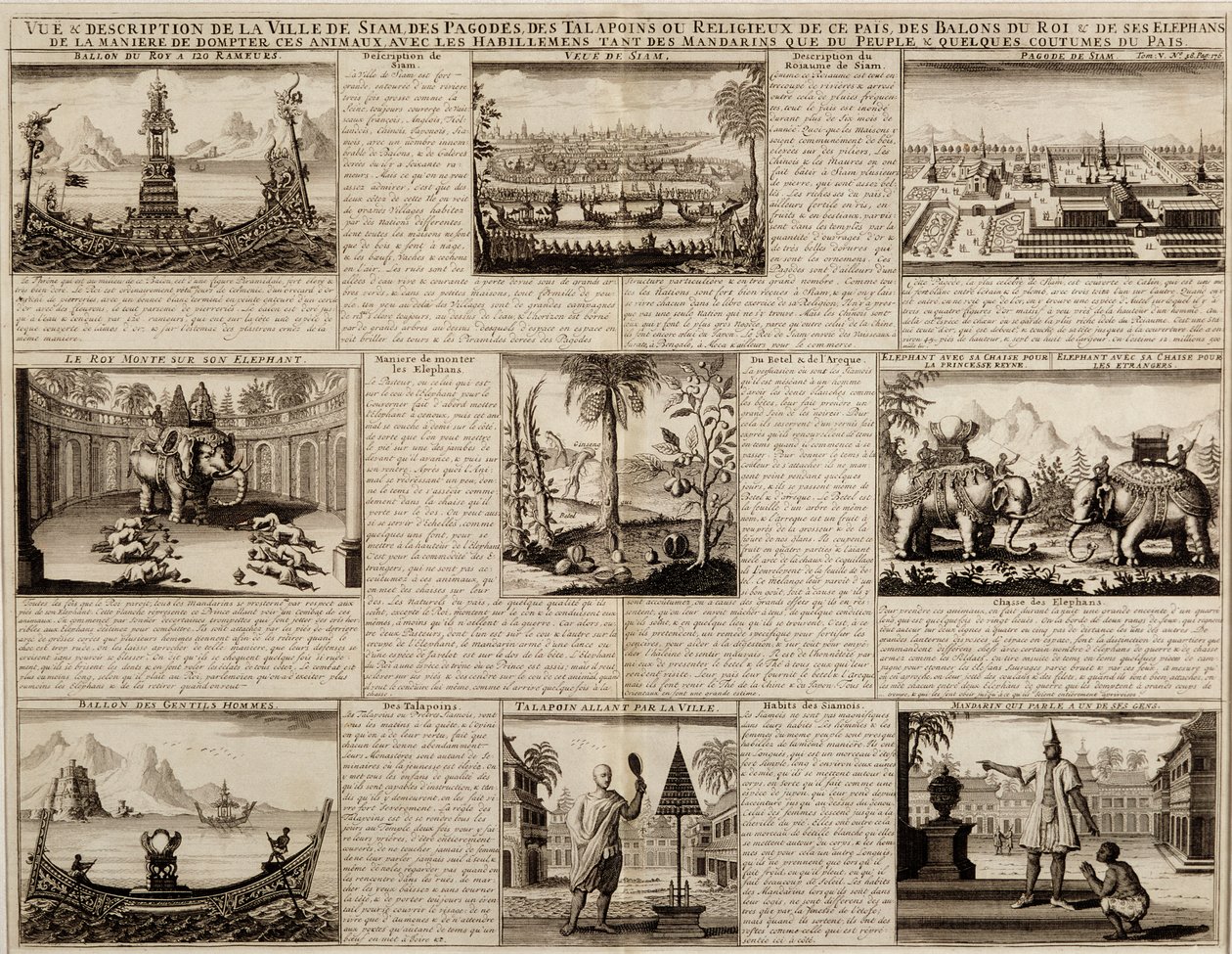 Siam és Ayutthaya különféle nézetei, Simon de la Loubere Du Royaume de Siam című művéből, 1688-ban alkotó: French School
