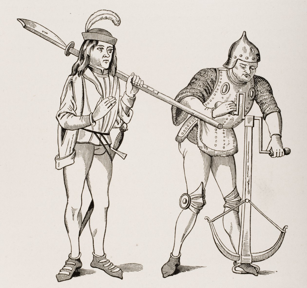 Varlet vagy Squire vastag pengéjű alabárdot cipelő íjász, aki számszeríjhúrt húz kétkezes csörlővel, egy 15. századi miniatűr után, Paul Lacroix Le Moyen Age et La Renaissance című művéből ( alkotó: French School