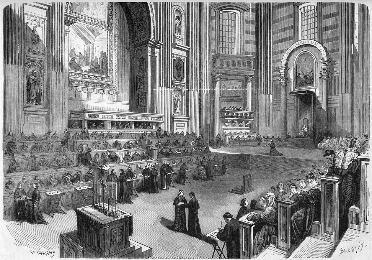 Vatikáni Zsinat 1 (1869-1870): Az első ülés 1869. december 9-én a római Szent Péter-templom kereszthajójának jobb oldalán tartották. Metszet a „” Le Monde Illustré”” 663. számban, 1869. december 25. alkotó: French School
