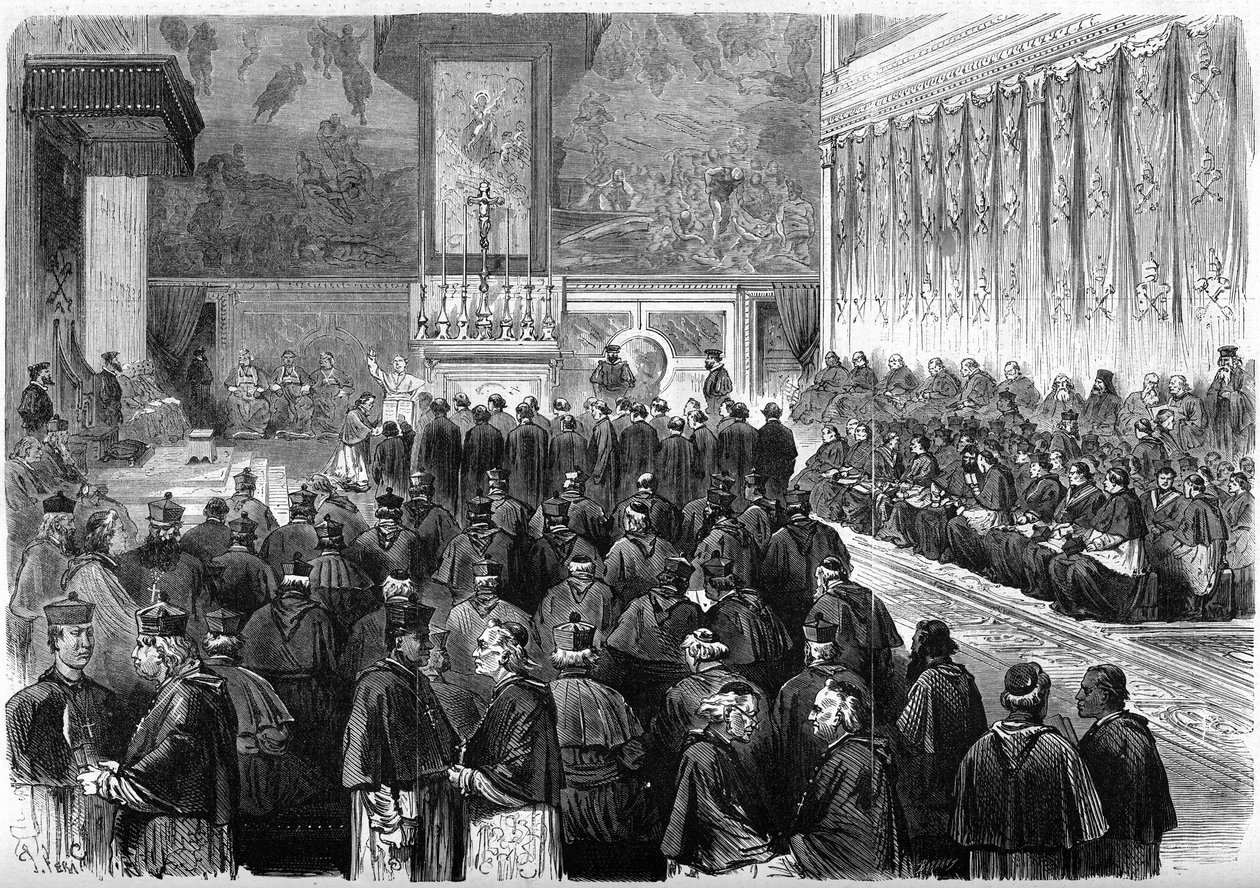 Vatikáni Zsinat 1 (1869-1870): proszinódusi hallgatóság a római Sixtus-kápolnában. Pius pápa (1792-1878) letette a marechalok és a zsinat tisztségviselőinek esküjét. 1869. december. Metszet a „” Le Monde Illustré”” 662. számában, december 19. alkotó: French School