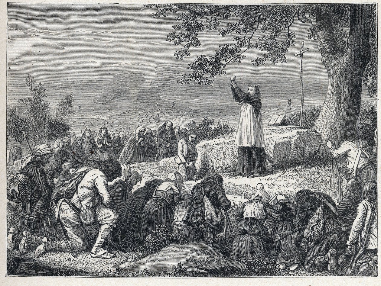 Vendee Wars (1793-1796): Tölgy alatti misét celebráló papi betétek a felkelő lakosság számára, akik elutasítják az esküdt papokat. Metszet 1889-ből. Magángyűjtemény. alkotó: French School