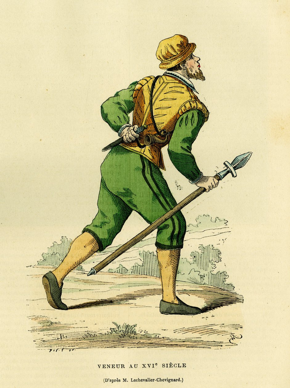 Veneur jelmeze, a közönséges kutyák vadászatáért felelős, a 17. században. Színes metszet Lechevaller-Chevignard rajza után, Augustin Challamel "France et les francais a travers les centuries" című könyvében, F. Roy szerkesztő, Párizs 1882. Selva-gyűjtemén alkotó: French School