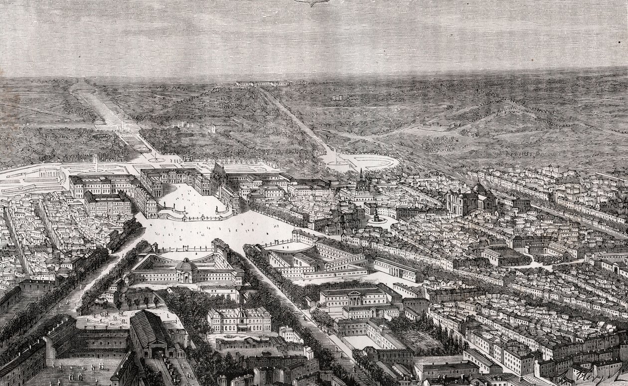 Versailles kastélyával a 19. században - metszet a „La France illustree: földrajz, történelem, statisztikai igazgatás” című könyvébe V.A. Maláta-barna. 1884 alkotó: French School