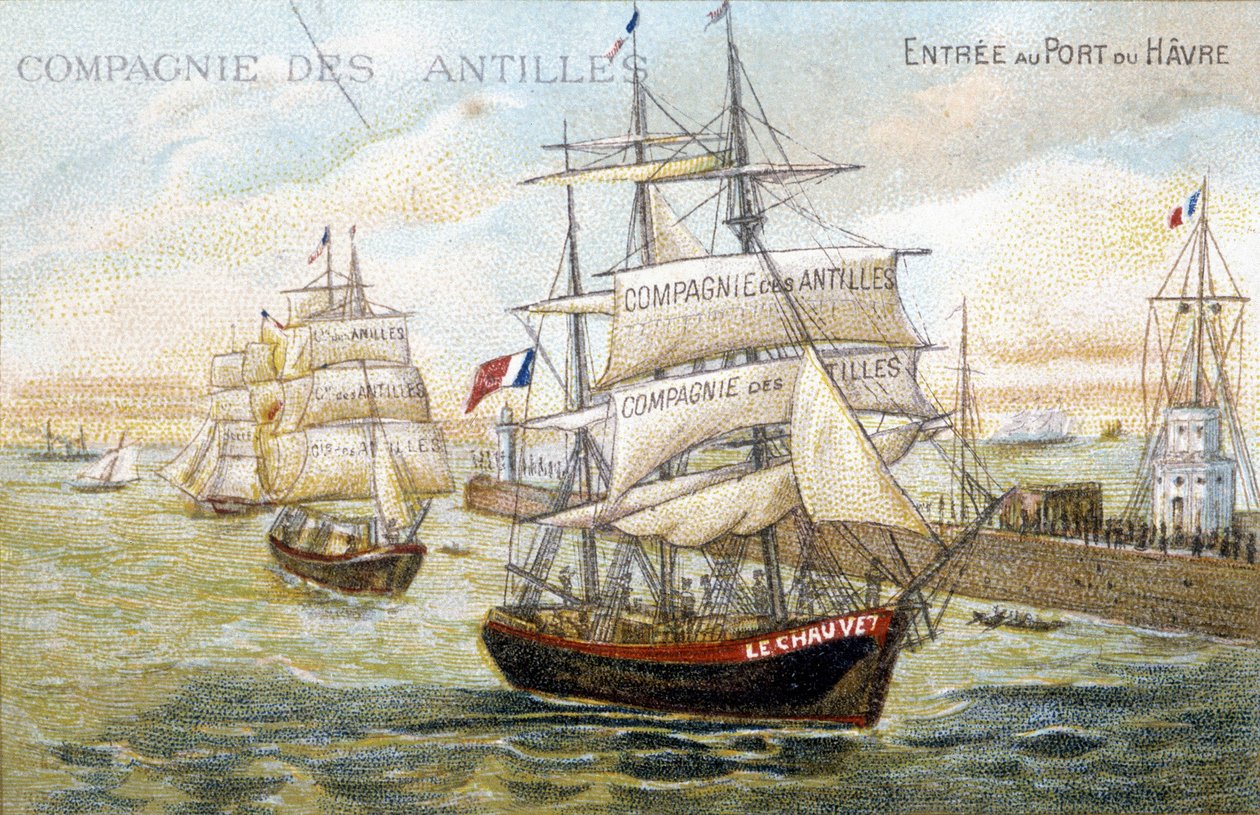 A nyugat-indiai társaság hajói Le Havre kikötőjében. 19. századi illusztráció, amelyet Dinan városi könyvtárában őriznek. alkotó: French School