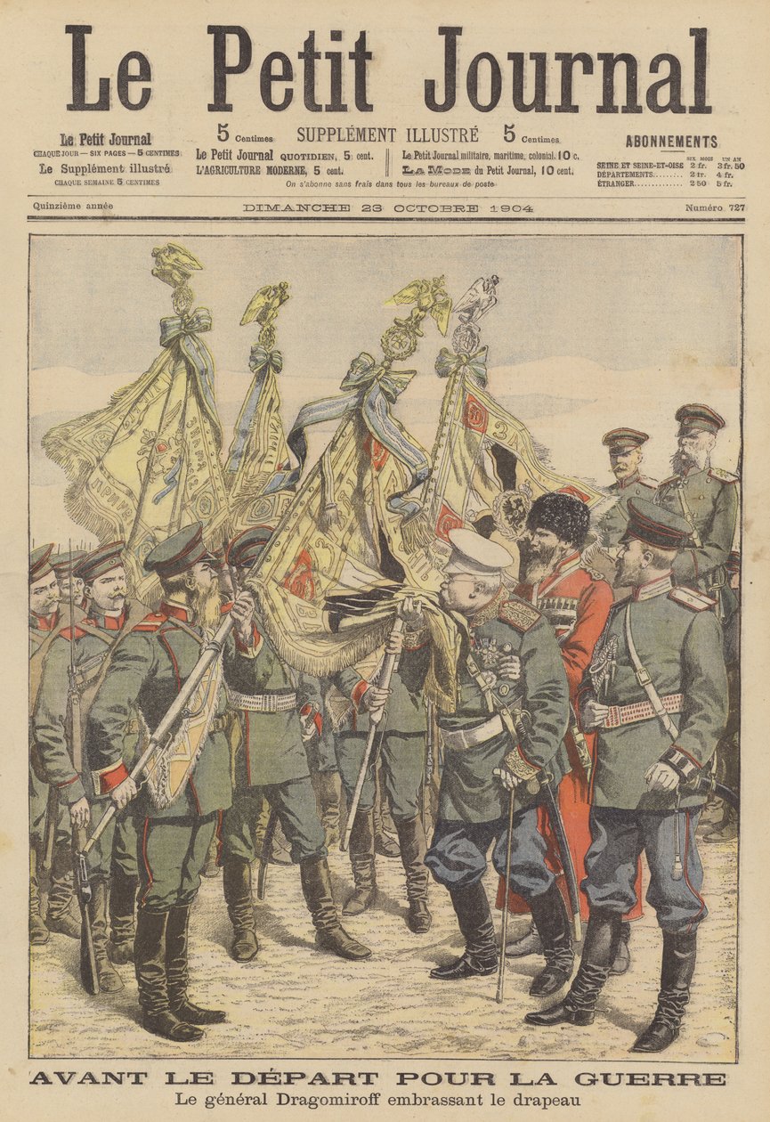 Mihail Dragomirov veterán orosz tábornok megcsókolja az orosz-japán háborúba induló ezred zászlaját (színes litográfia) alkotó: French School