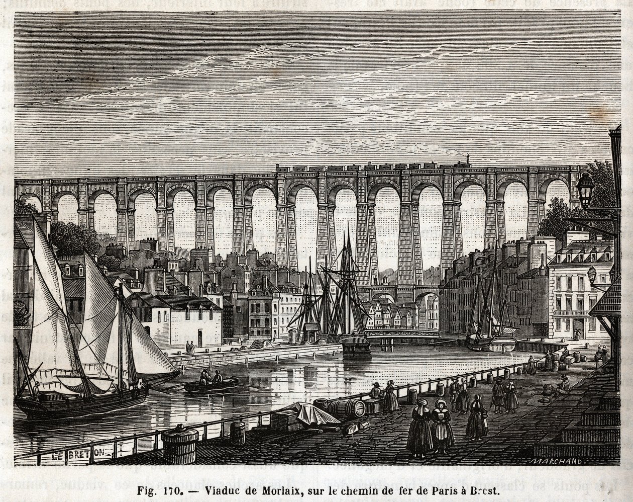 Morlaix viadukt, a Párizsból Brestbe (Franciaország) vezető vasúton. Lebreton et Marchand metszetei, Louis Figuier (1819-1894) „Les Merveilles de la Science” című könyvében, Jouvet et Cie kiadás alkotó: French School