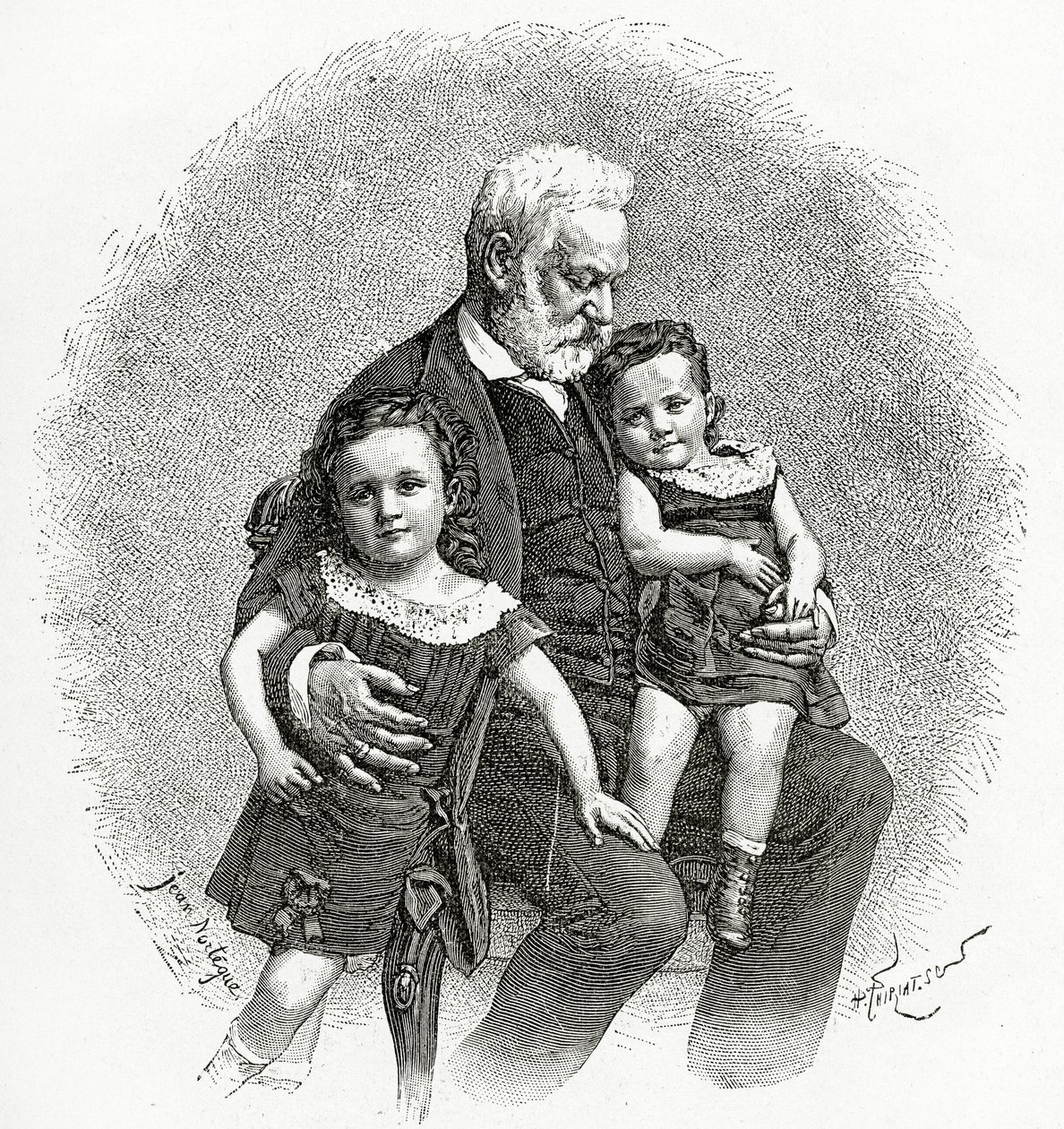 Victor Hugo és nagygyermekei, 19. század (bw-metszet) alkotó: French School