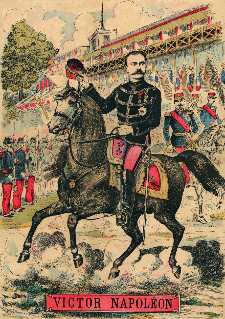Victor Napóleon (1862-1926) a bonapartisták támogatóinak élén, I. Napóleon utolsó örököse a Harmadik Köztársaság 1886-ban elfogadott törvénye alapján száműzetésbe kényszerült. Metszet, a "Le Figaro, melléklet" című párizsi lapban, 1889. március 30-án. Coll alkotó: French School