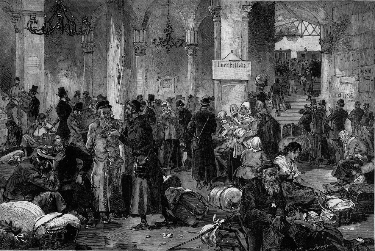 Bécs 1882, Észak-Fahn elveszett ügyeinek terme: az oroszországi antiszemita mozgalom lecsillapítása után száműzött zsidók hazatelepítése a Le Monde Illustre-ből alkotó: French School