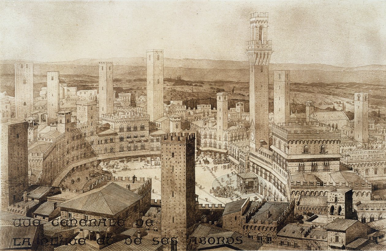 Kilátás Sienán keresztül, a középkori és reneszánsz építészet töredékeiből, Jules Adolphe Chauvet (szül. 1828) metszetéből alkotó: French School