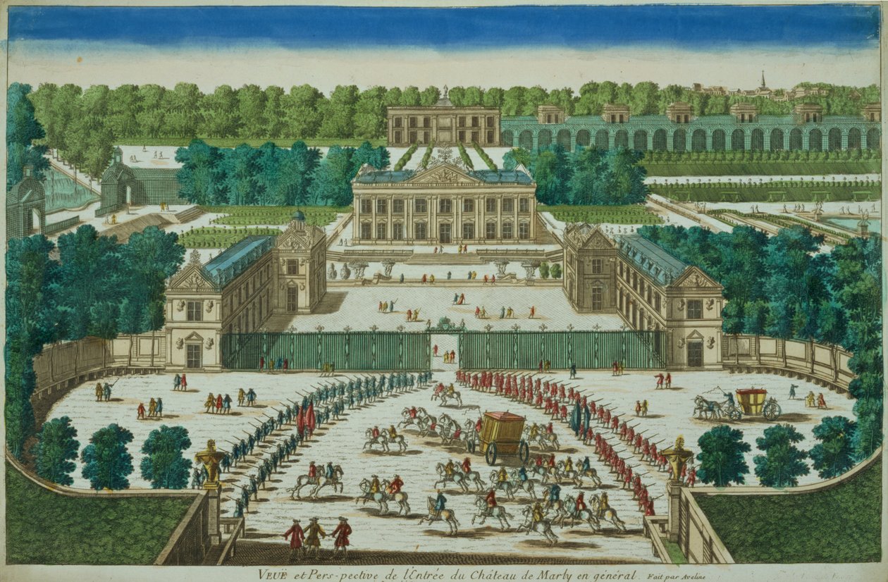 A Marly kastély bejáratának képe és perspektívája, metszett Antoine Aveline (1691-1743) alkotó: French School