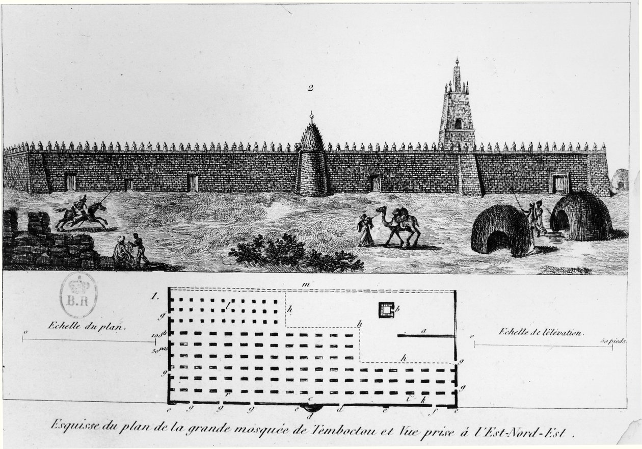 A timbuktui nagy mecset képe és terve, Rene Caillie (1799-1838) Journal dun voyage a Tombouctou című könyvéből, 1830 alkotó: French School