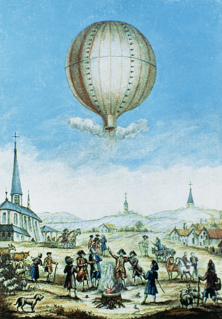 A Vivarais-i Annonay és a Montgolfier testvérek hőlégballonjának első repülése 1783-ban (színes metszet) alkotó: French School