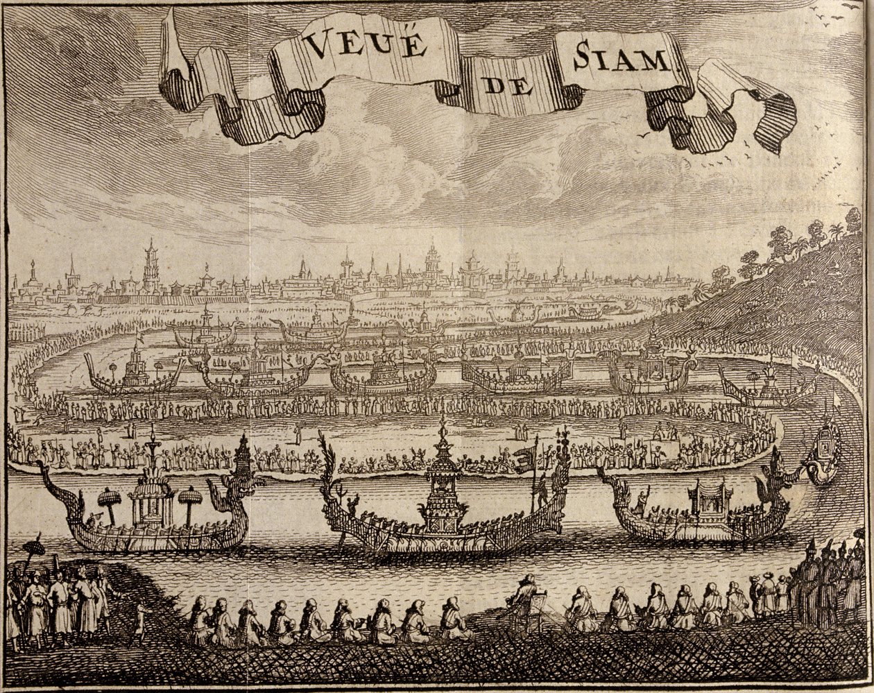 Ayutthaya kilátása királyi bárkákkal, Guy Tachard Voyage du Siam des Peres Jesuites című filmje, 1688 alkotó: French School