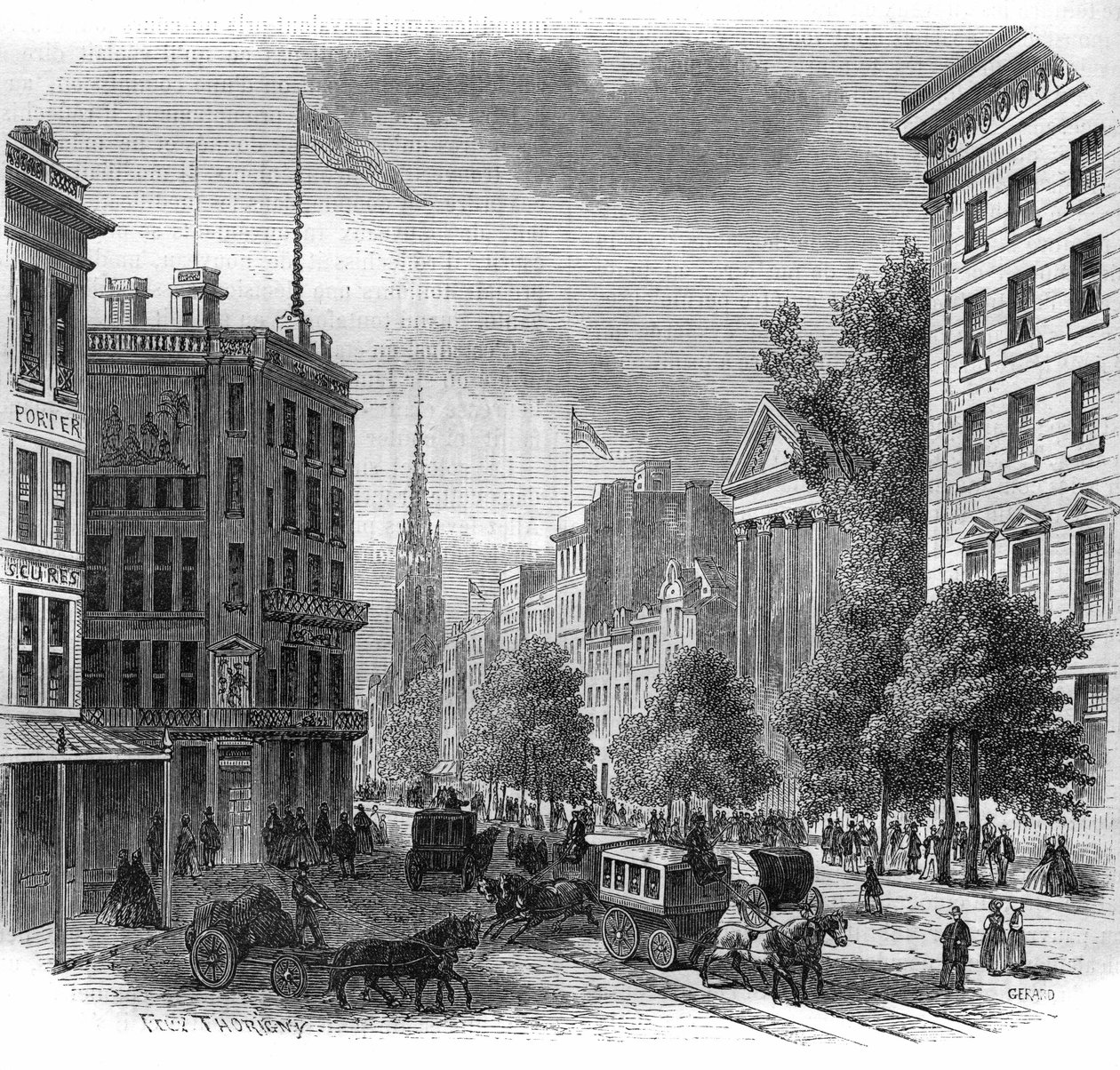 Kilátás a New York-i Boadwayre. Metszet 1862-1863. alkotó: French School
