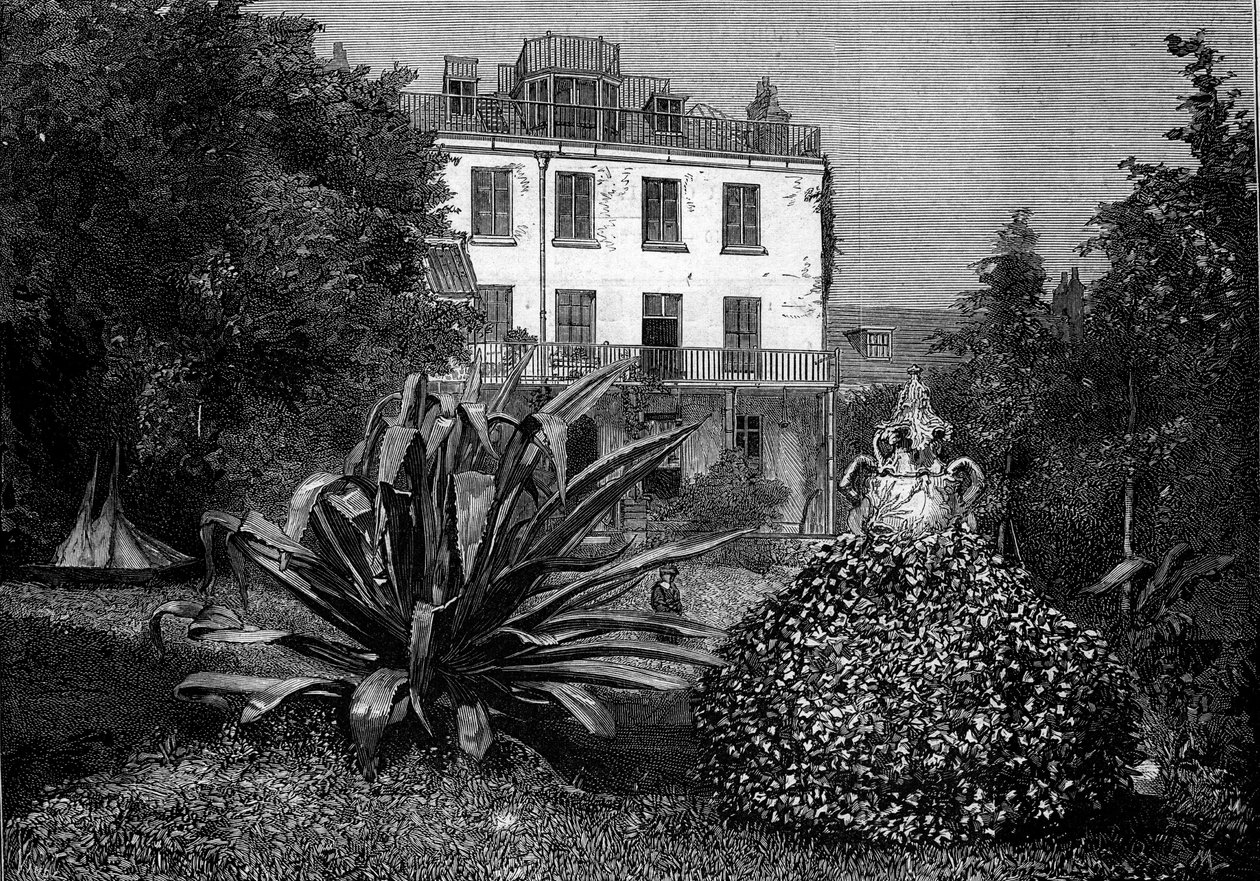 Kilátás a Hauteville-házra (Hauteville-House), Victor Hugo rezidenciája Guernsey szigetén való száműzetése idején. Metszet a „” The Illustrous World”” 1249. számában, március 5 alkotó: French School