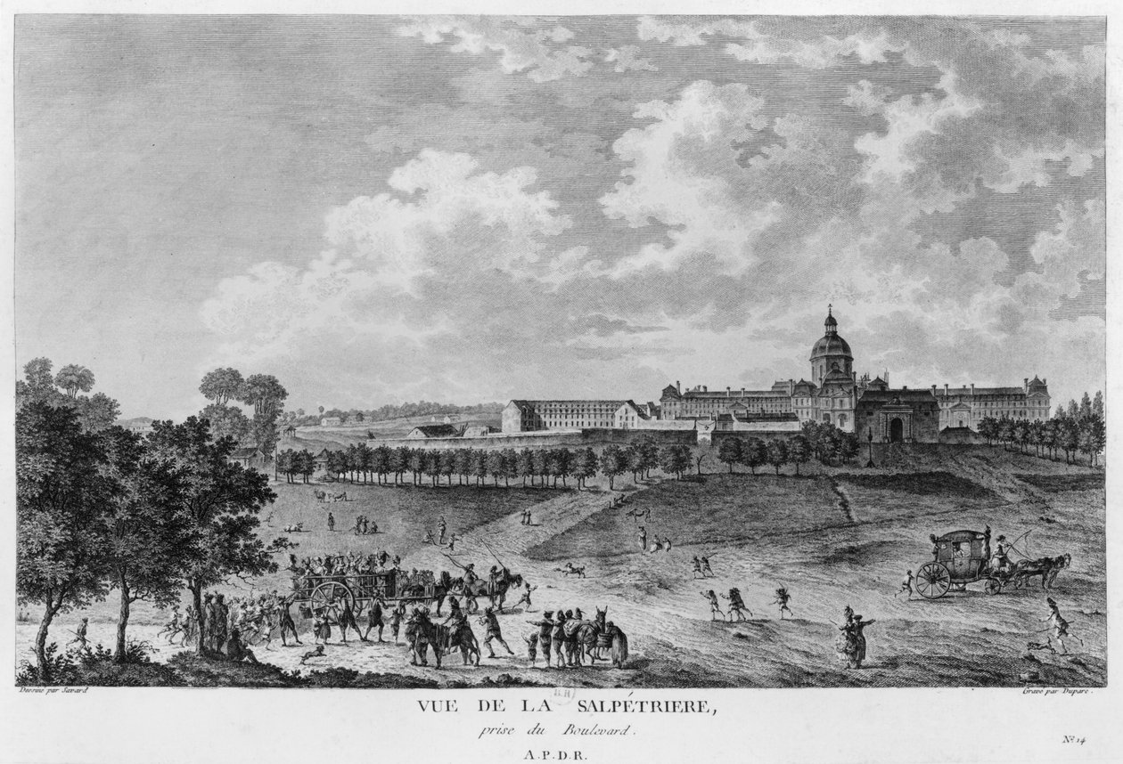 Hopital La Salpetriere kilátása, prostituáltak szállítása, Párizs, Duparc metszet, Savard rajza alapján, 1790 körül alkotó: French School
