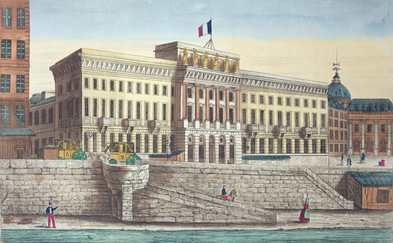 Kilátás a Hotel des Monnaies épületére a párizsi Pont Neuf felől (színes gravírozás) alkotó: French School