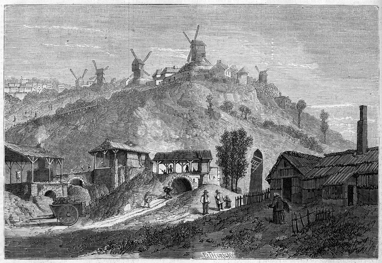 Kilátás a Montmartre-ra 1859-ben, mielőtt 1860-ban csatlakozott Párizs városához. Kilátás a sima Saint Denisről. Metszet a „” Le Monde Illustré”” 141. számában, 1859. december 24. alkotó: French School