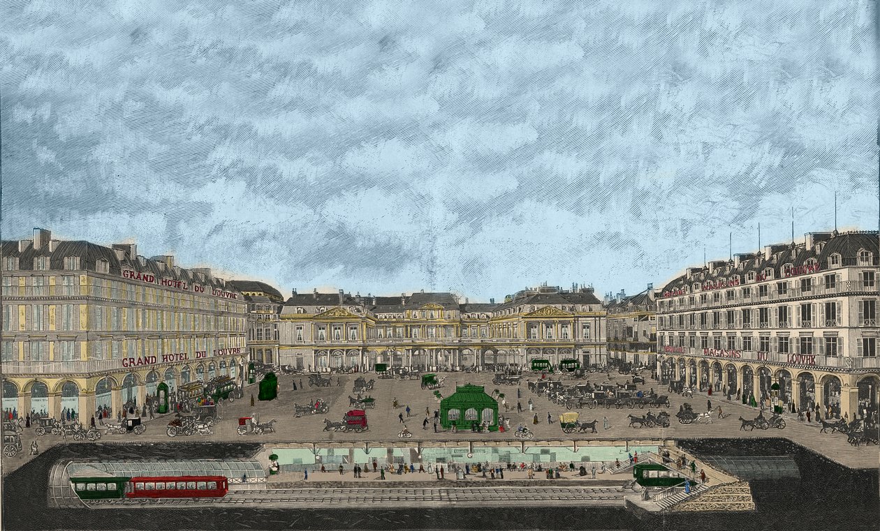 Kilátás a Palais-Royalra és a Rue de Rivolira a nagyvárosi pályaudvar keresztmetszetével 1898 (színes rézkarc) alkotó: French School