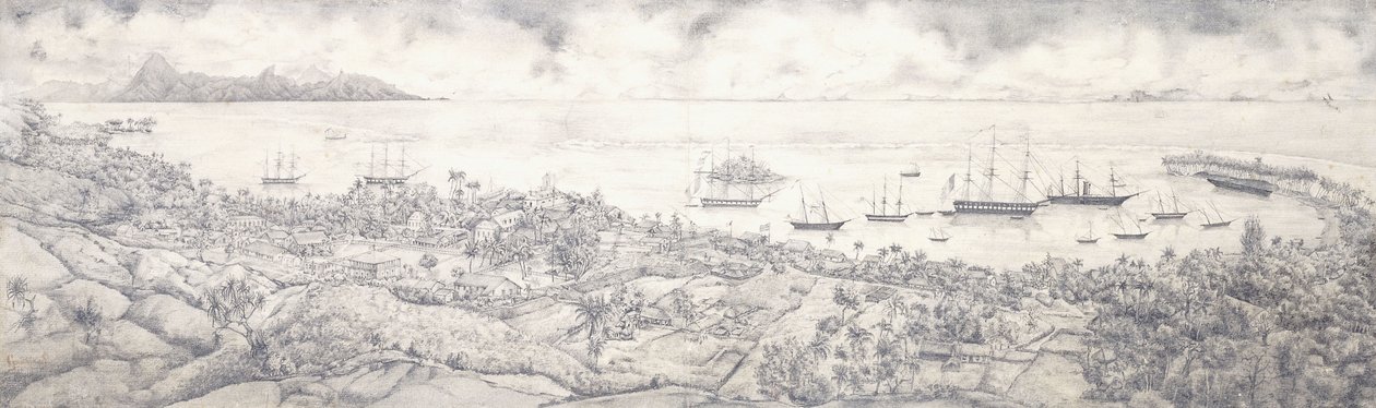 Kilátás Papeete, Tahiti, kilátás a kikötőre Moorea felé, 19. század közepe alkotó: French School