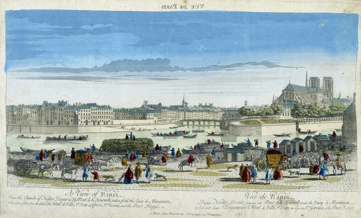 Kilátás Párizsra és a Notre-Dame-re (Notre Dame), az Ile St Louis dokkjaira - metszet alkotó: French School