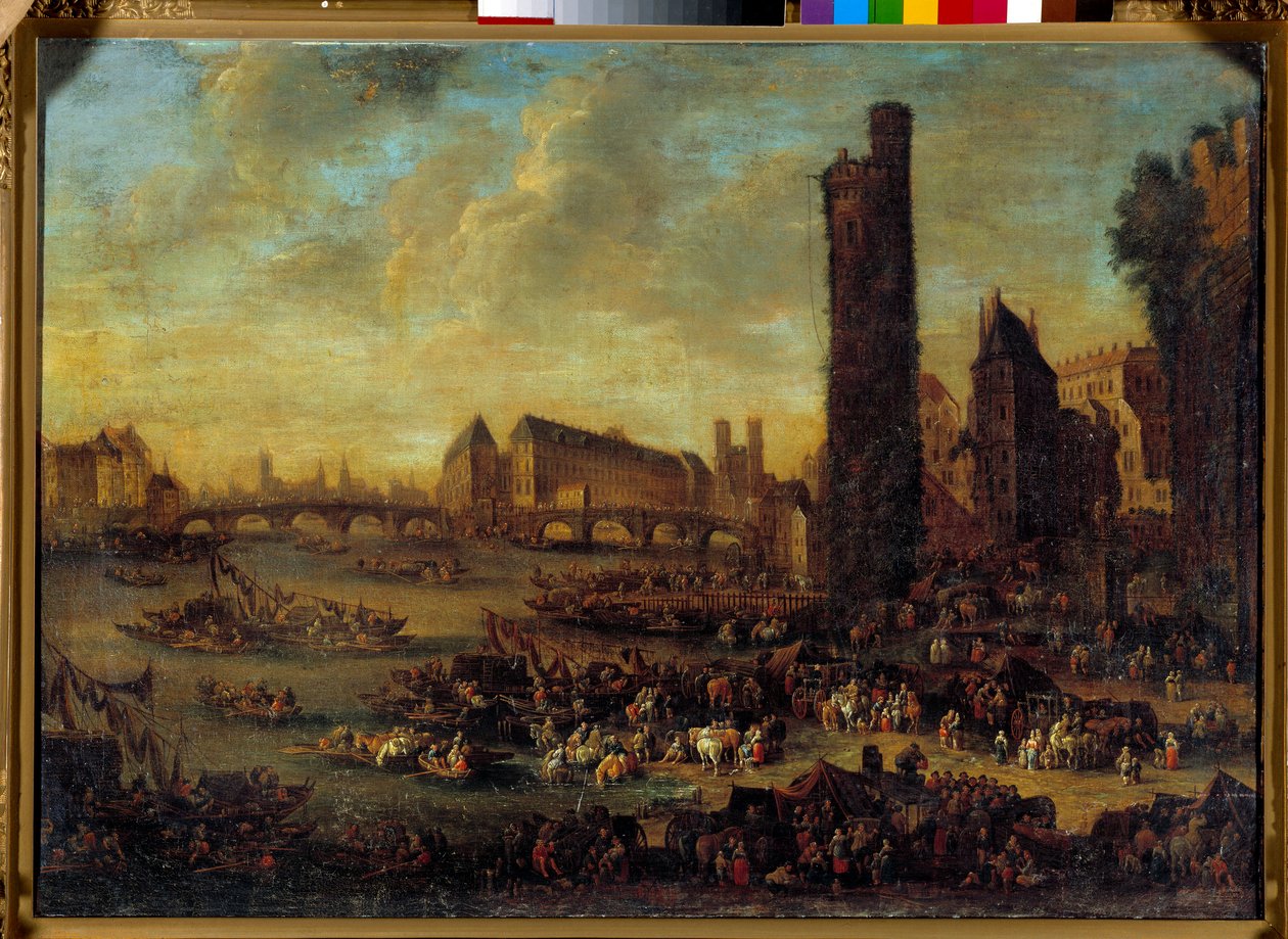 Párizs kilátása a Côte de la Cite felől, a francia iskola Tour de Nesles festményéről. 1650 V. 0,59 x 0,82 m Versailles. Chateau Múzeum alkotó: French School