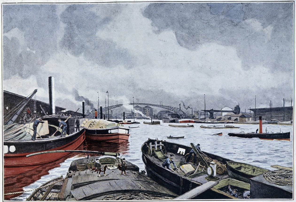 Kilátás Párizsra, a Szajnára és a Villette-medencére, Brun akvarellje. 1889. alkotó: French School