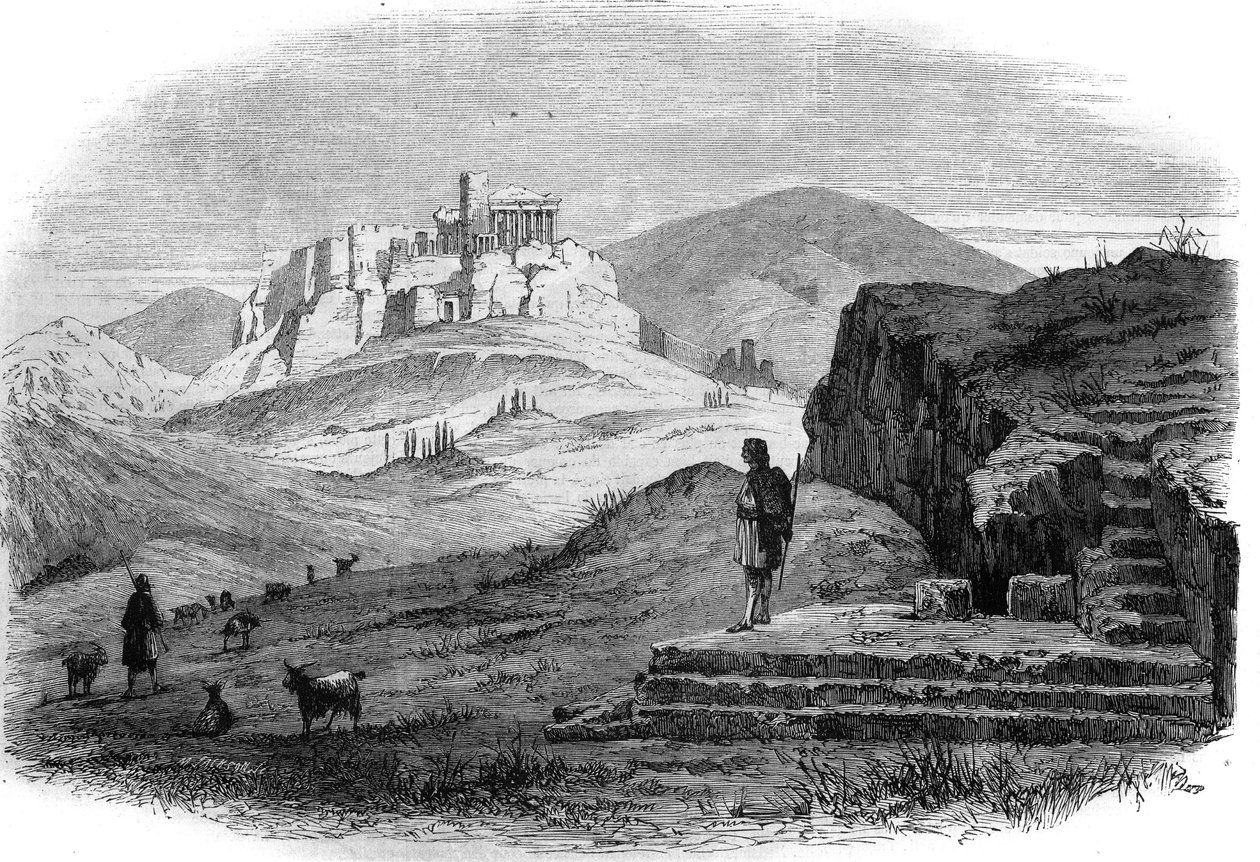 Kilátás Pnyxre, az Athénész dombjára, az Akropolisztól nyugatra, kilátással az ősi Agorára. Metszet M.F. rajza után. Sargeais a „The Illustrous Universe” című filmben alkotó: French School
