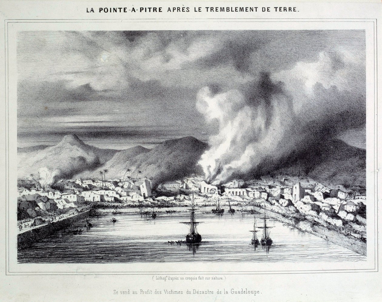 View Pointe a Pitre (Pointe-a-Pitre) az 1843.08.02. földrengés után. A 19. századi Chartres metszete, Musee des Beaux Arts alkotó: French School
