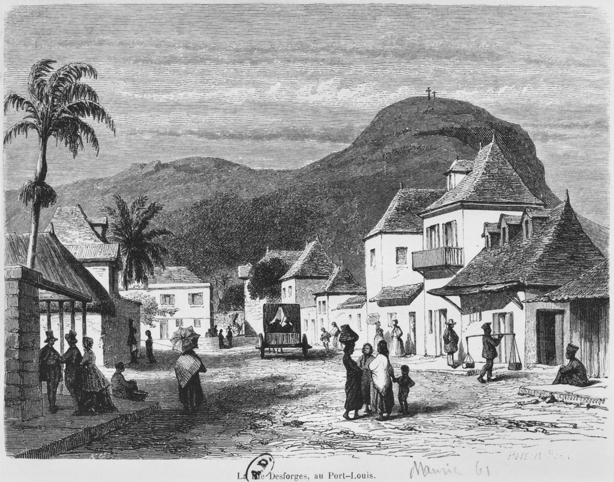 Kilátás Port Louisra, rue Desforges, Mauritius, 1861 alkotó: French School