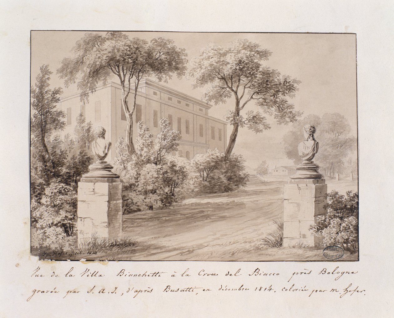 A Villa Bianchetti kilátása a Bologna melletti Croce del Biaccoban, S.A.I. metszet. Busatti után, M. Hofer színezte, 1814. december (színes metszet) alkotó: French School
