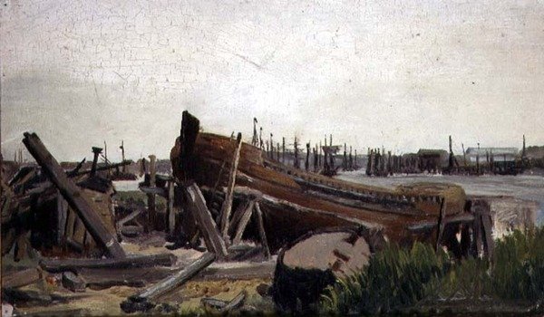 Kilátás egy hajógyárra, 1860 körül (olaj, vászon) alkotó: French School