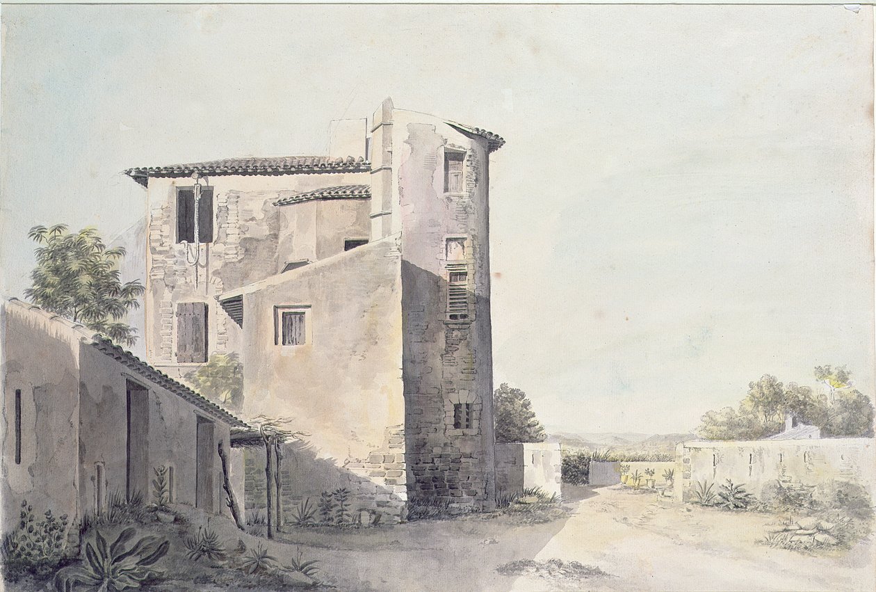 Kilátás egy falura Dél-Franciaországban, 1800 körül (wc papíron) alkotó: French School