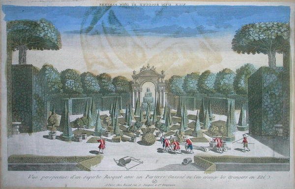 Nézet egy ligetre és egy parterre, ahol nyáron a narancsfákat veszik, 18. század közepe (színes metszet) alkotó: French School