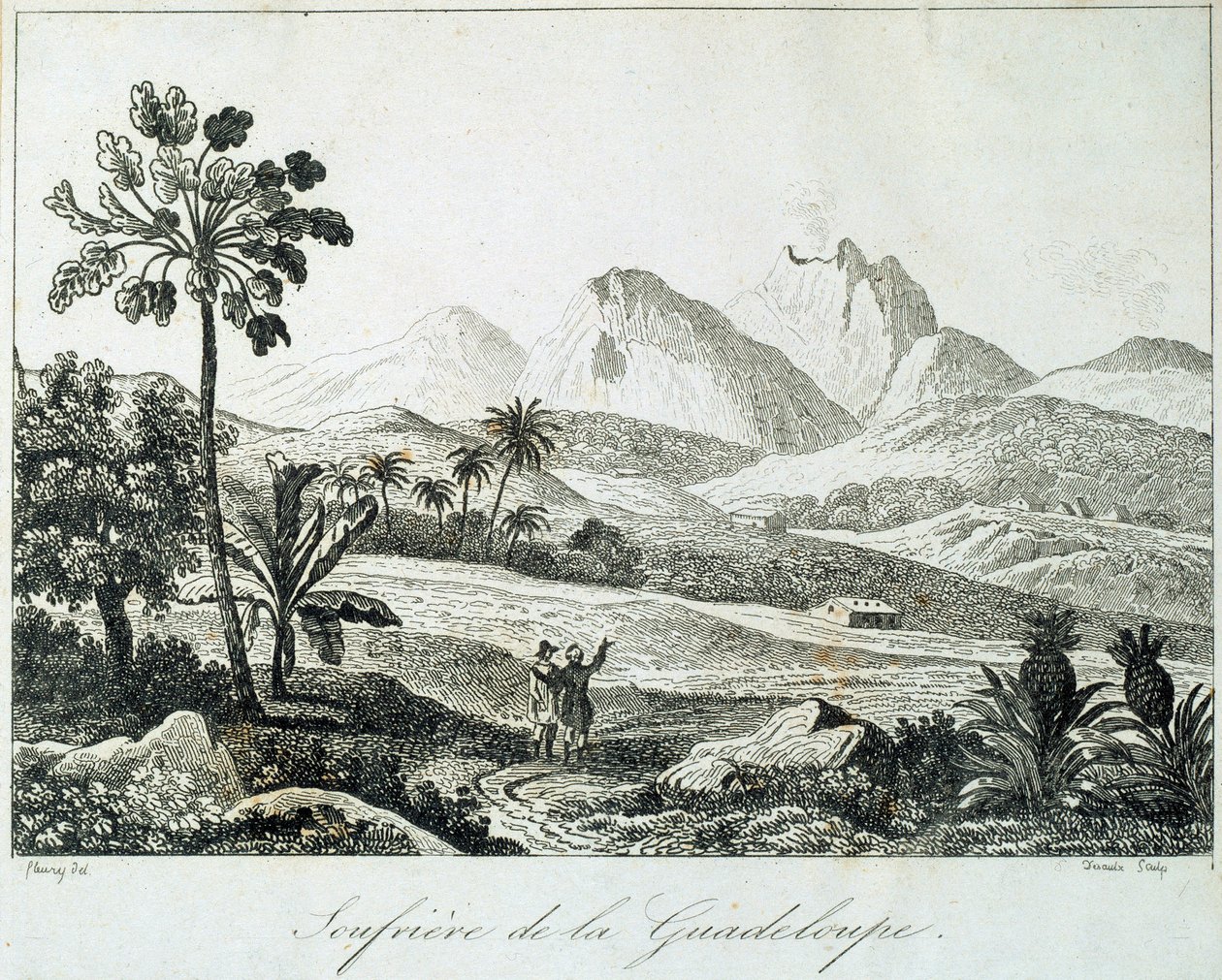 Kilátás egy soufriere Guadeloupe-ban. Metszet a 19. századból. Chartres, Musee des Beaux Arts alkotó: French School