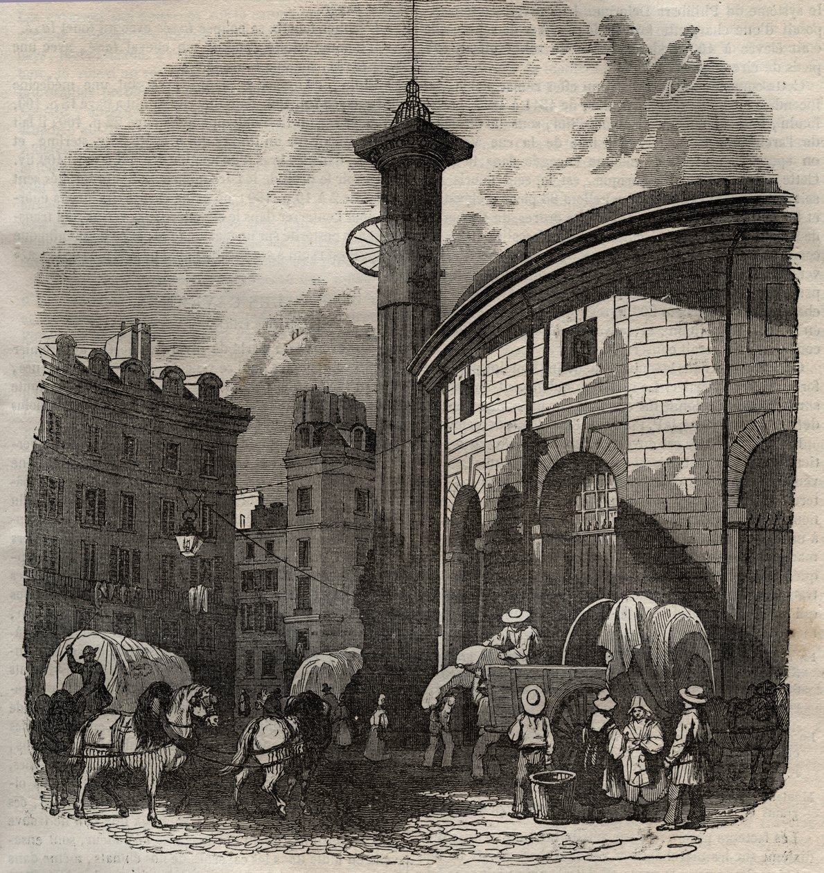 Kilátás a párizsi halle au ble-re (épült 1763-1769-ben) és a Medici-oszlopra, metszet 19. század eleje - búza- és kukoricabörze Párizsban (épült 1763-1769), metszet 19. század eleje - A Halle au ble képe, a jelenlegi Hotel de Soisban helyezték el alkotó: French School