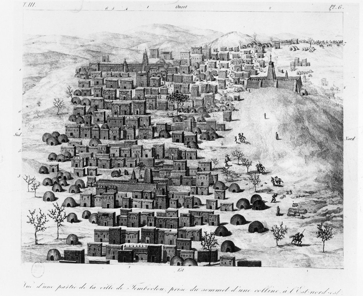 Timbuktoo város egy részének kilátása egy dombról keletre, Rene Caillie Voyage a Tombouctou című művéből, 1830. alkotó: French School