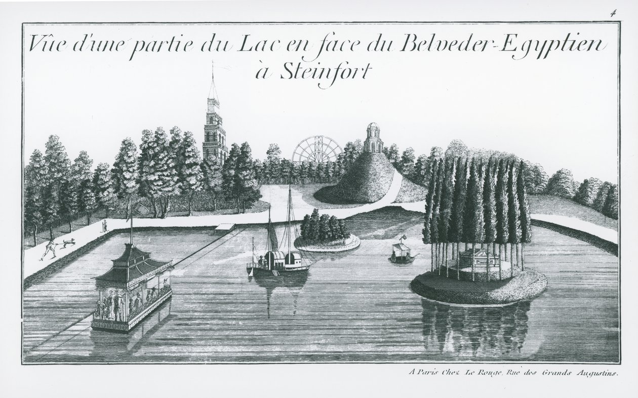 Kilátás a tó egy részére az egyiptomi Belvedere Steinfortban, George Louis Le Rouge „Jardins Anglo-Chinois de la Mode” című könyvéből, 1776-90 között (metszet) (f/w fotó) alkotó: French School