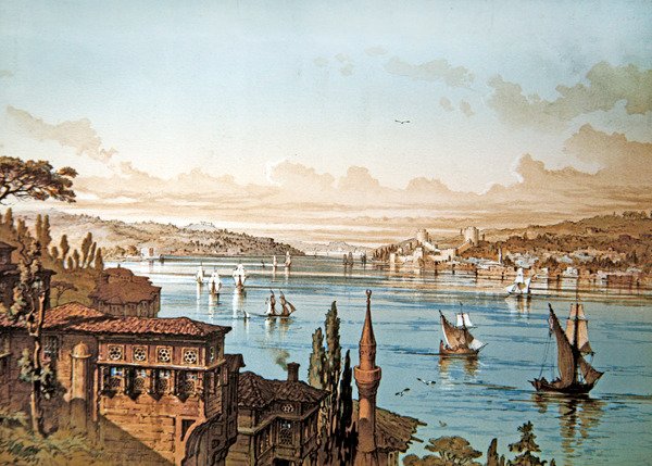 Kilátás a hajózásról a Boszporuszon és a Rumeli Hisari kastélyra, Isztambul a távolban (színes litho) alkotó: French School