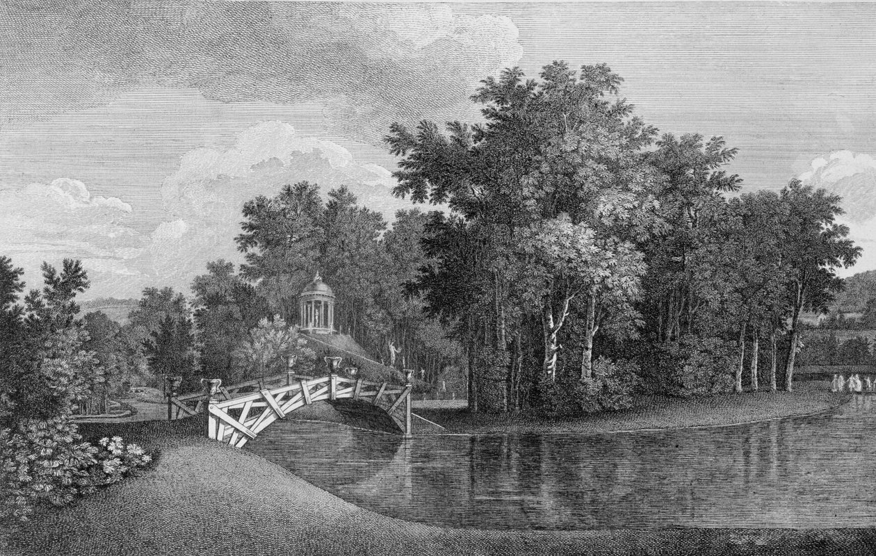 Kilátás a hídra és a Vénusz-templomra a West Wycombe-i kertekben, a Jardins Anglo-Chinois a la Mode-ból, George Louis le Rouge, megjelent 1770-87 alkotó: French School