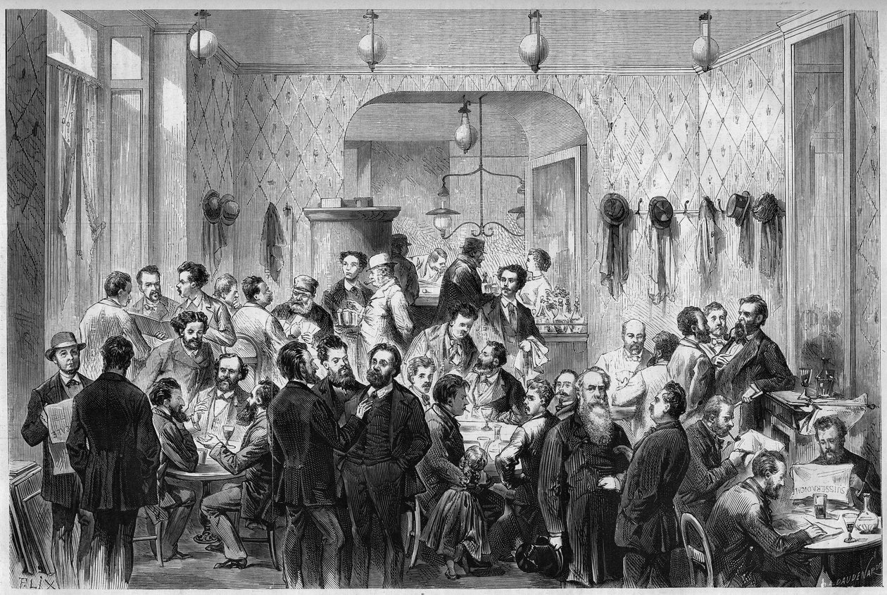 Kilátás a „Cafe du Levant”-ra, Genfben, a párizsi kommün és a lyoni kommün menekültjeinek találkozóhelye. Balról jobbra képviselik: Masse, Sirdey, Andignous, Jules Frantz, Jules Moutils, Gaillard (apa és fia), Perrare, J. Guesde, L. alkotó: French School