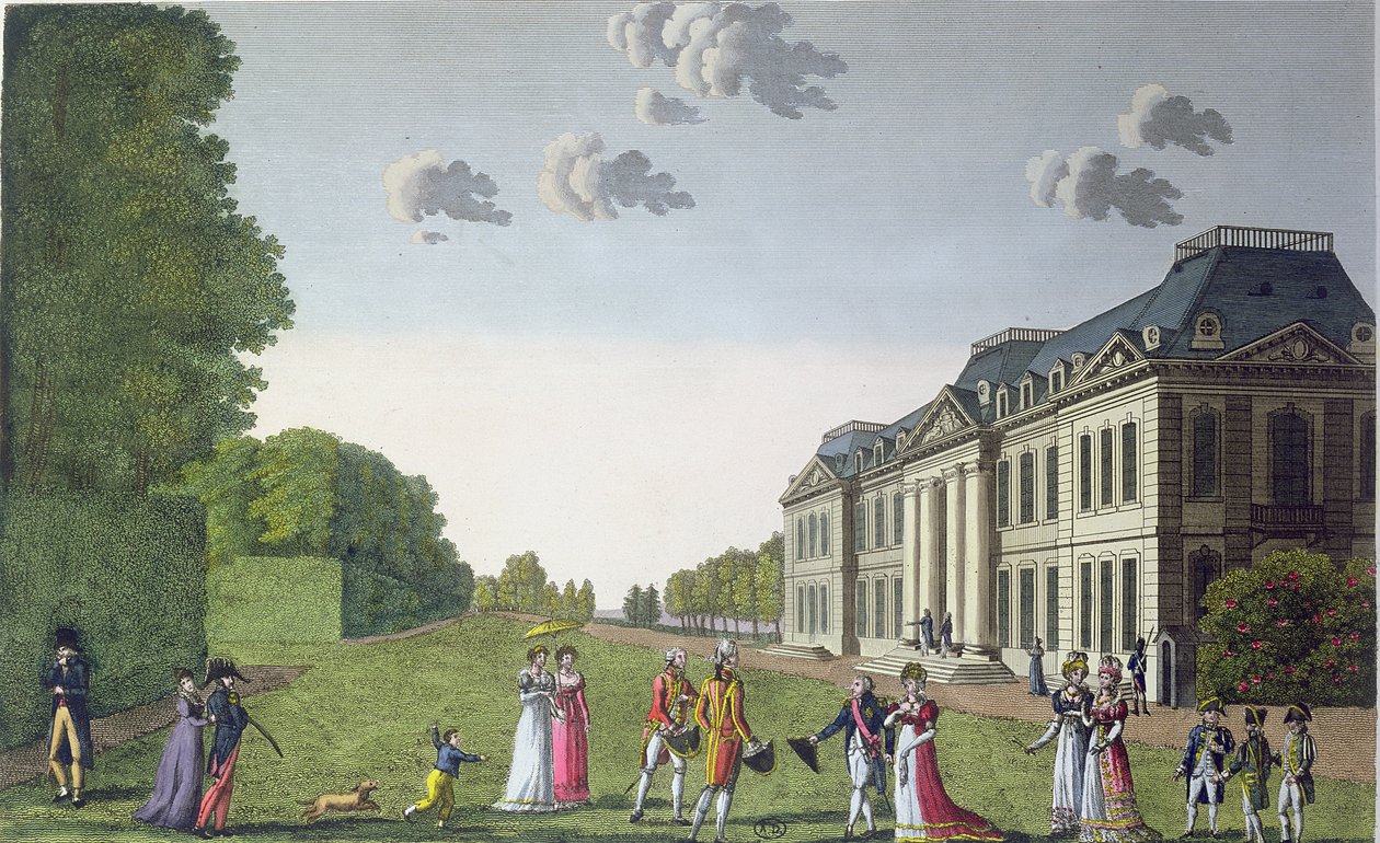 Kilátás a Chateau de Bellevue-ra a kertből, 1820 körül (színes metszet) alkotó: French School