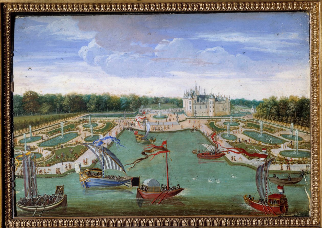 Kilátás a Chateau de Chantilly-re és az Ecole francaise-t ábrázoló Vertugadin Anonymous festményéről vett ágyakra. 1680 körül. Dim. 0,26x0,34 m. Chantilly, musee Conde – Kilátás a Chantilly-kastélyra és a Vertugadin-i parterekre. Névtelen festmény alkotó: French School