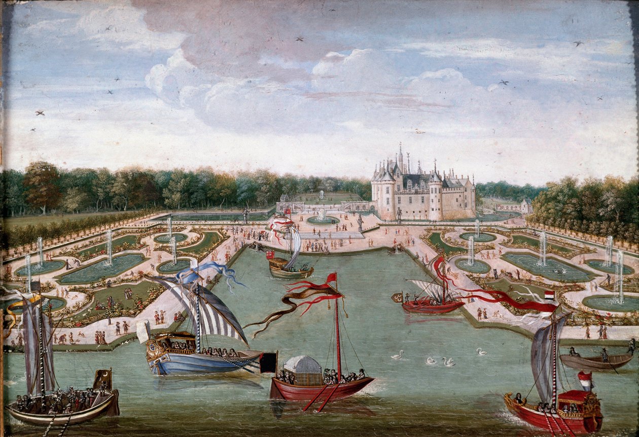 Kilátás a Chateau de Chantilly-re és az Ecole francaise névtelen Vertugadin-festményéről vett ágyakra. 1680 körül. Dim. 0,26x0,34 m. Chantilly, Conde Múzeum alkotó: French School