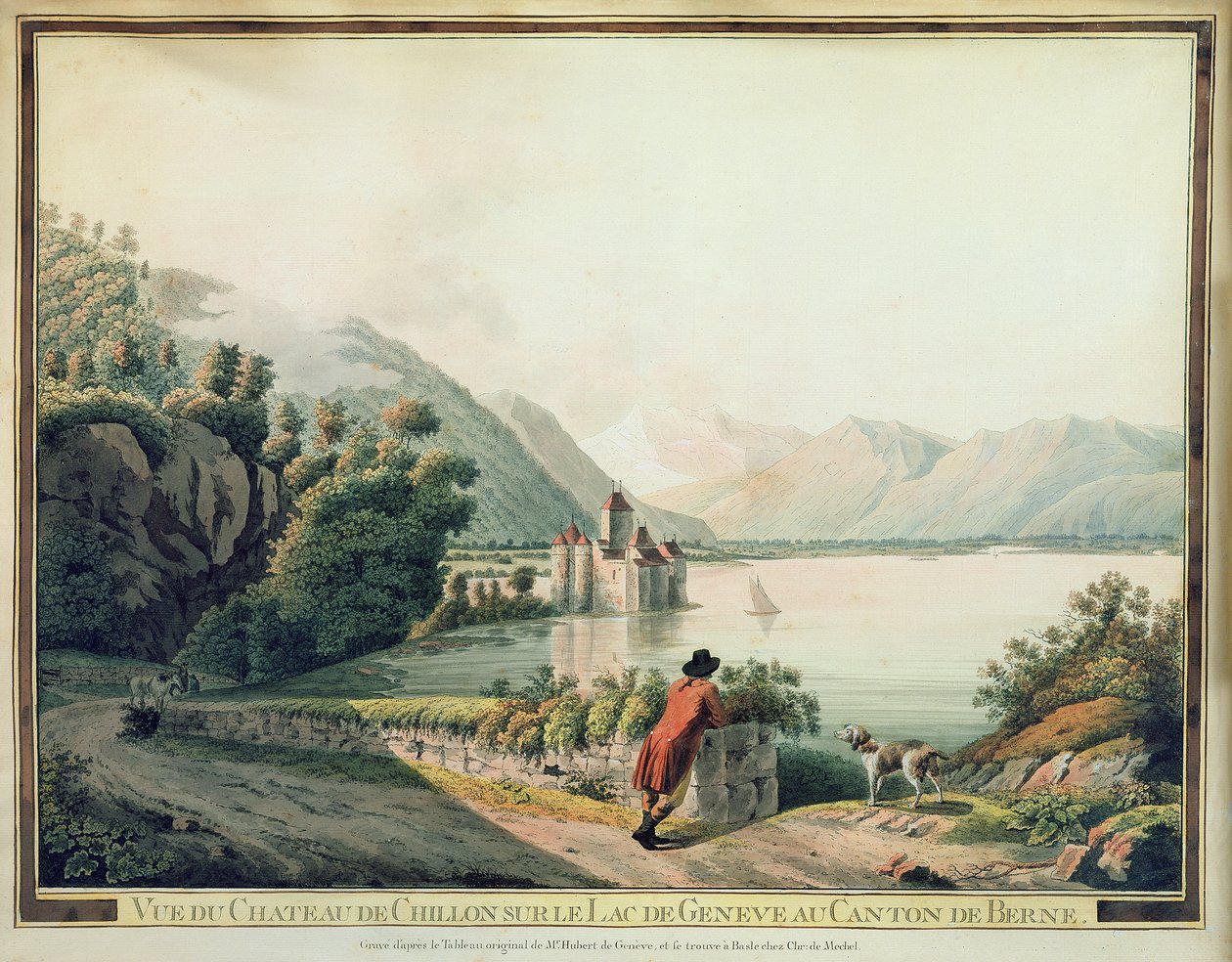 Kilátás a Chateau de Chillonra, a Genfi-tóra (színes rézkarc) alkotó: French School