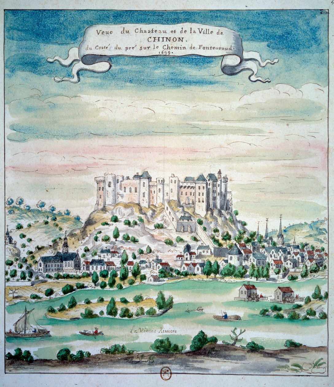 Kilátás a Chateau de Chinon Akvarellre a francia iskolából. 1699 Párizs, B.N. alkotó: French School
